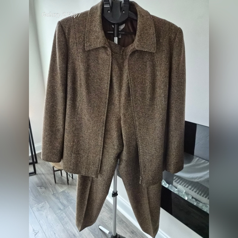 ​VTG Talbots Petite Italian Wool Silk Pantsuit | Brown Herringbone 2PC Set | 14P